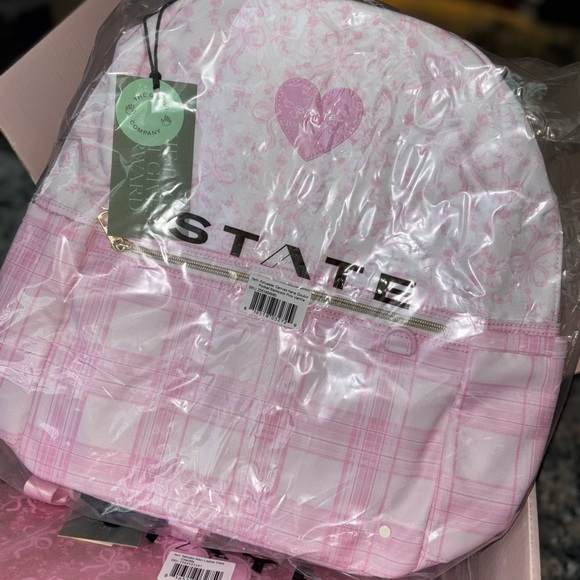 LoveShackFancy state pink coquette bow and gingham print backpack bag - Picture 6 of 12